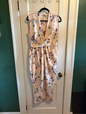 Dusty Pink Floral Wrap-Style Midi Dress